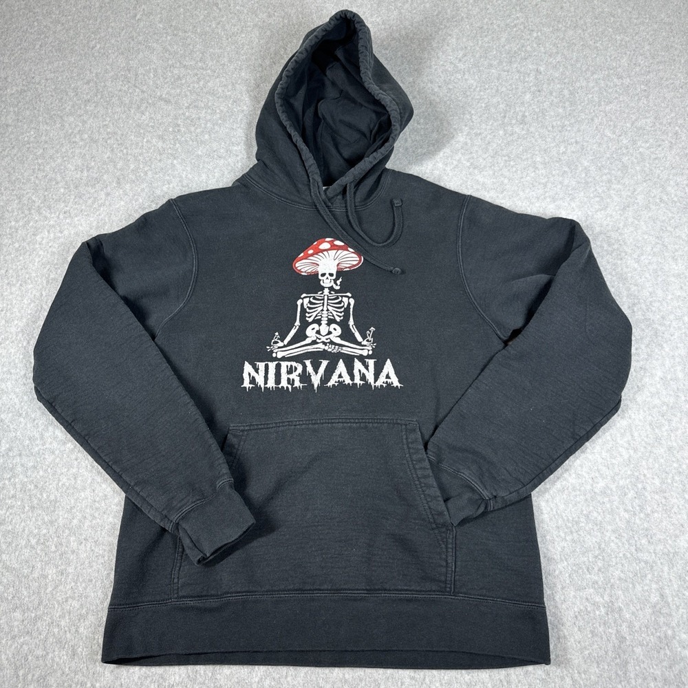 Nirvana Mushroom Head Skeleton Drawstring Hoodie Unisex Size M Black Grunge Art